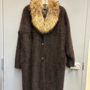 Connie A Lee Vintage Angora Blend Coat w/ Removable Raccoon Fur Collar Brown S/M